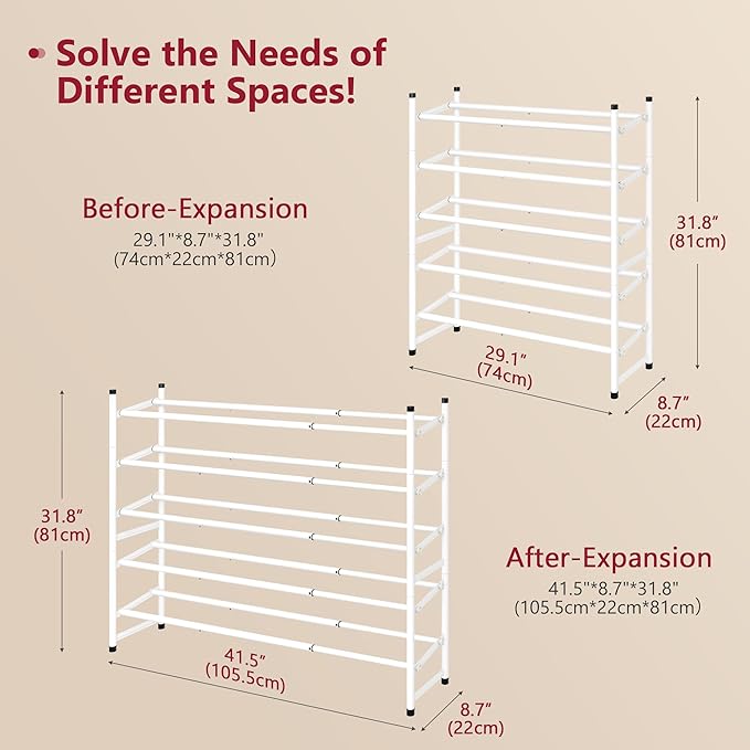 Tajsoon Expandable Shoe Rack for Closet 5 Tier, 29“-41“Adjustable & Stackable Shoe Shelf Storage, Metal Shoe Rack Organizer f
