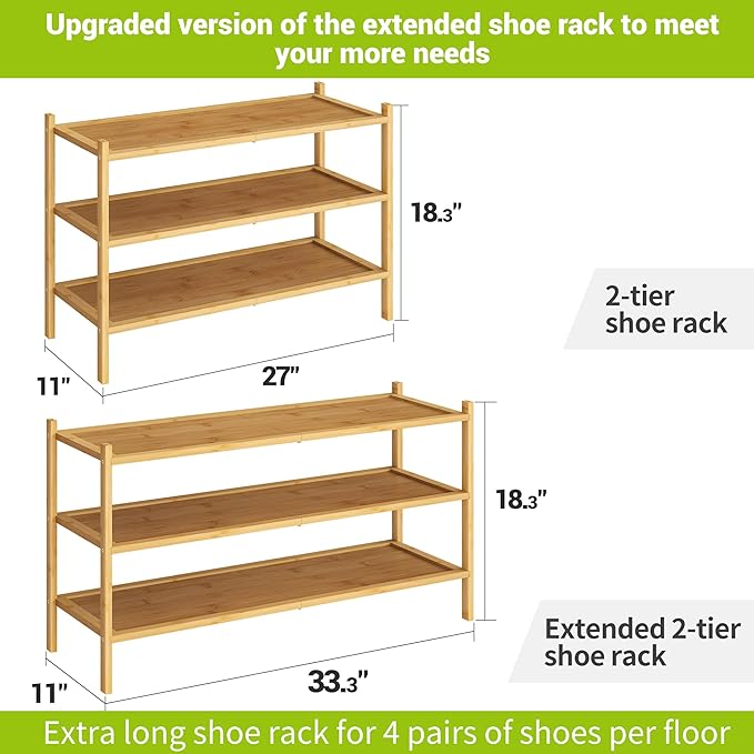 BMOSU 3-Tier Bamboo Extended Shoe Rack Premium Stackable Shoe Shelf Storage Organizer for Hallway Closet Living Room Entryway