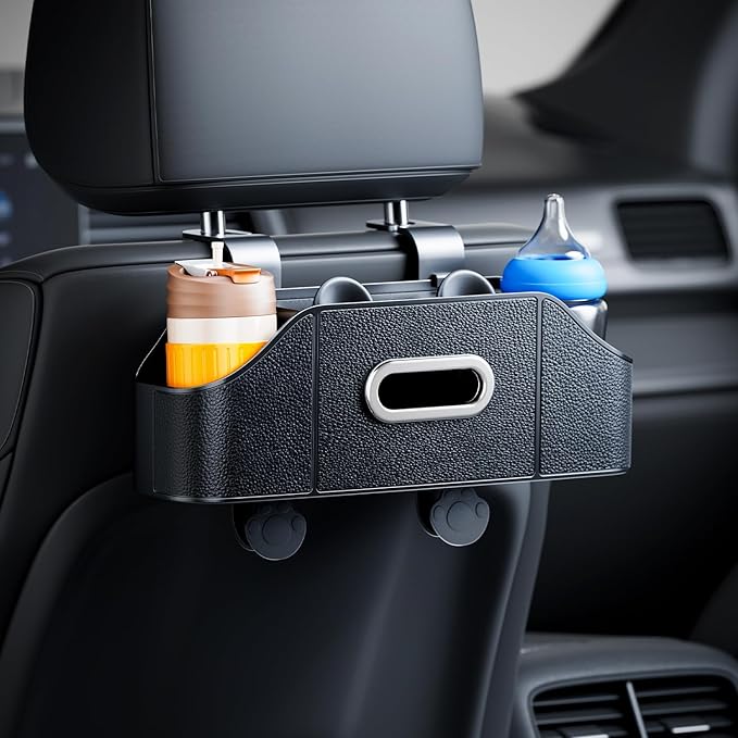 7-in-1 Car Seat Organizer with Cup Holders, Trash Can, Tissue Dispenser & Hooks, Multifunctional Headrest Storage for Backseat, Travel Essentials for Family Car Trips (Black)