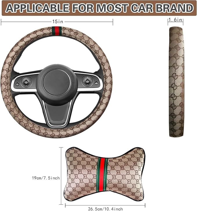 5PCS Steering Wheel Cover, with 2 Headrests, 2 Seat Belt Covers - Universal Fit for 14.5-15" Steering Wheel, Enhances Driving Experience - Perfect for Women (Beige)