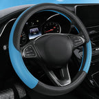 Leather Patchwork Black Blue Steering Wheel Cover, 14.5-15 Inch Non-Slip Breathable Microfiber Car Steering Wheel Protector