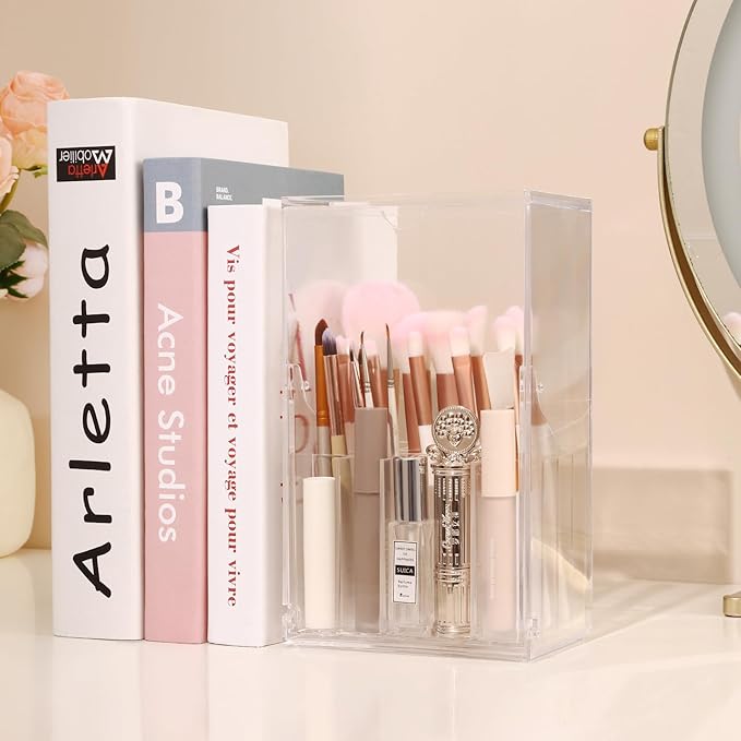 Acrylic Makeup Brush Holder with Slanted Flip-Top Lid - Clear Dustproof Cosmetic Make up Brush Organizer and Storage Box - La