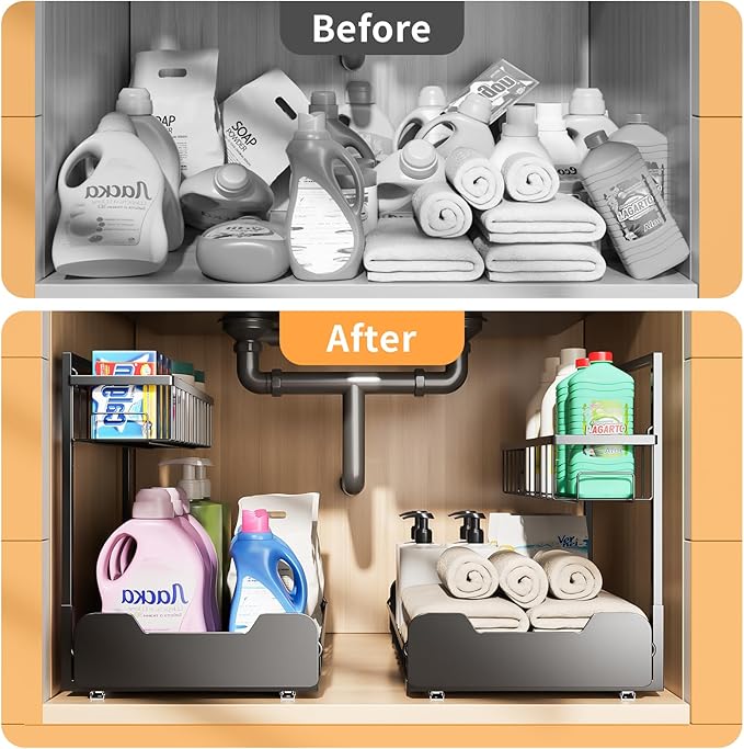 Under Sink Organizer, 2-Tier L-Shaped Pull Out Cabinet Shelf with 2 Installation Methods, Adjustable Sliding Storage Drawer f