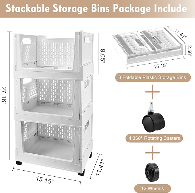 Stackable Plastic Storage Basket, 3 Pack Foldable Closet Organizers and Storage Bins with Wheels, Collapsible Drawer Shelf St