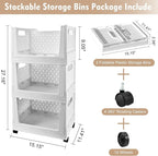 Stackable Plastic Storage Basket, 3 Pack Foldable Closet Organizers and Storage Bins with Wheels, Collapsible Drawer Shelf St