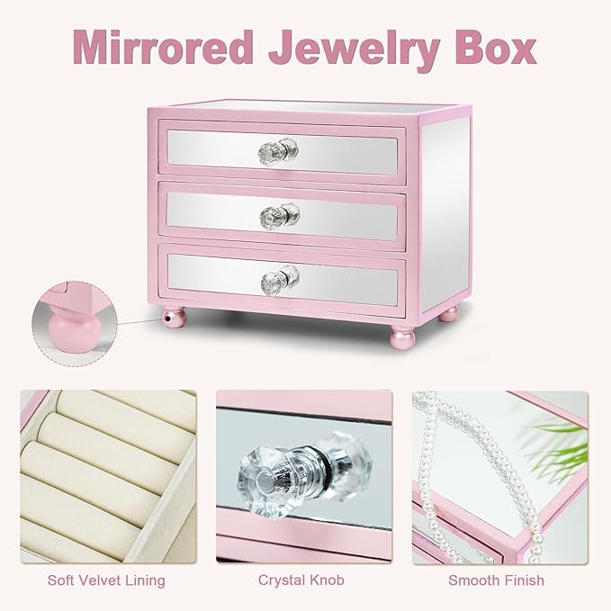 Gifturbo Pink Jewelry Box for Women Girl Wife 3 Layers Large Mirror Glass Jewelry Organizer Storage Case with Three Drawers D