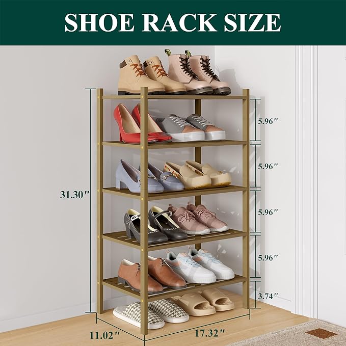 Smiry Small Bamboo Shoe Rack 5-Tier, Stackable Wooden Shoe Organizer for Entryway & Closet, Free Standing Wood Shoe Storage S