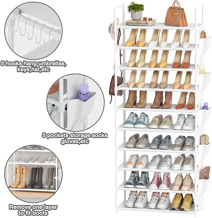 LUKYTOWER Tall Shoe Rack 10 Tier Shoe Racks Organizer for Closet 30-35Pairs,Large Capacity Storage Rack for Shoes with 5Hooks