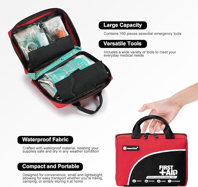 First Aid Kit -160 Pieces Compact and Lightweight - Including Cold (Ice) Pack, Emergency Blanket, Moleskin Pad,Perfect for Tr
