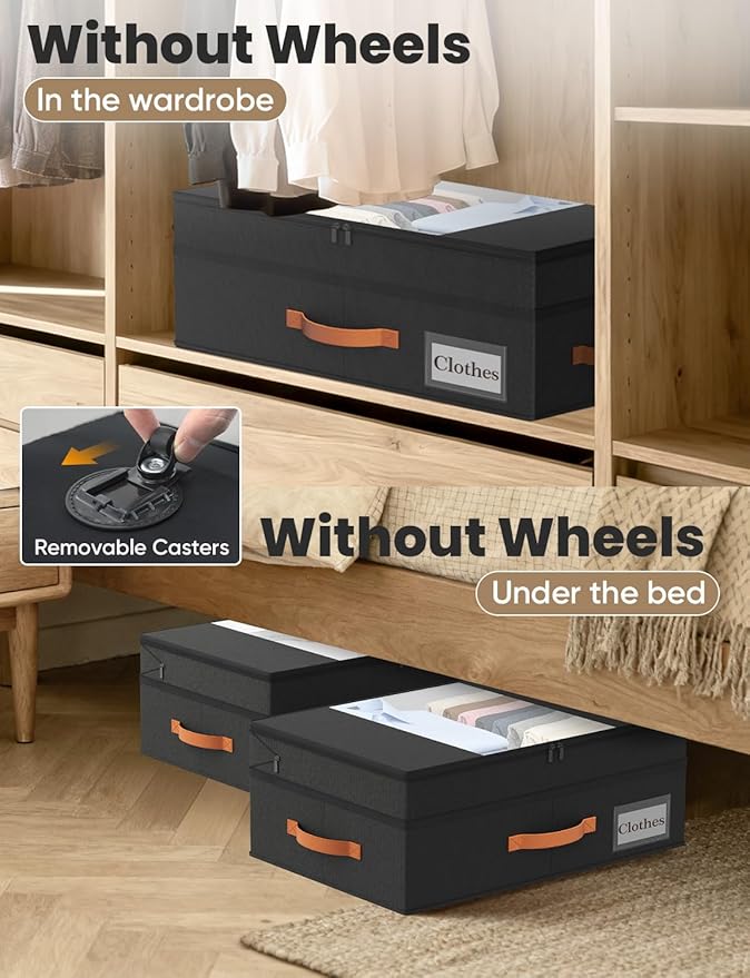 2-Pack Under Bed Storage with Wheels and 6 Vacuum Seal Bags, Adjustable Height 7.9"-10.2",Heavy Duty Capacity,Clear Lid Organ