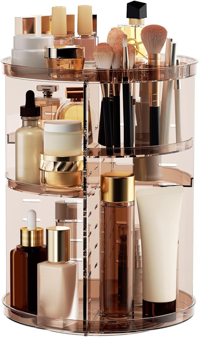 Rotating Makeup Organizer Countertop, DIY Adjustable Trays Spinning Skincare Organizers, Cosmetic Display Shelf with Perfume 