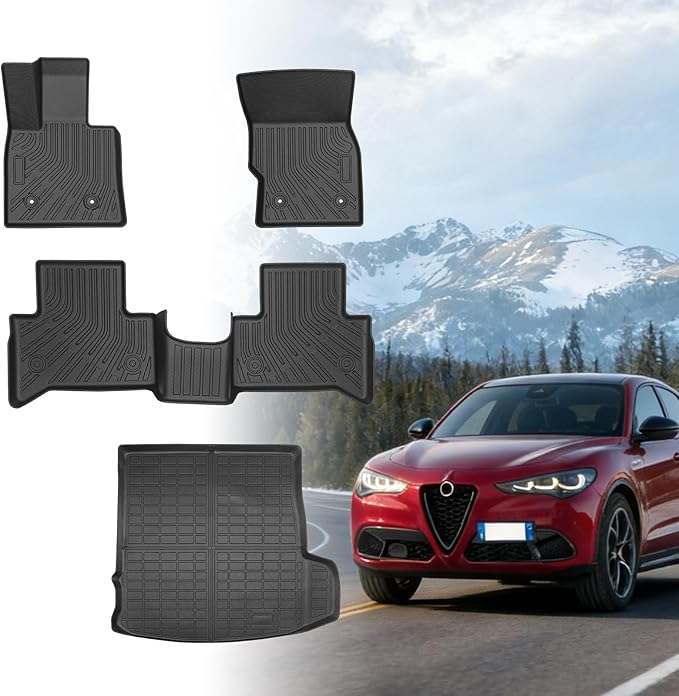 Floor Mats for Alfa Romeo Stelvio & Stelvio Quadrifoglio 2018-2025, Floor Mats for Stelvio Base Ti Veloce, 2 Row Floor Mats & Cargo Mat(with Subwoofer), TPE Anti-Slip Stelvio Mats Accessories