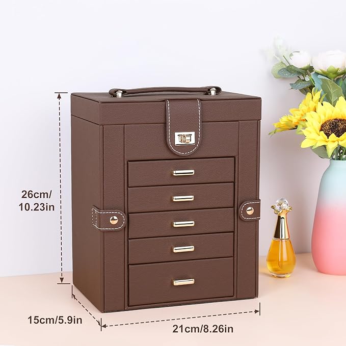 Kendal Jewelry Box, 6-Layer Jewelry Storage Organizer for Necklace Bracelet Rings Watch, 10.2"x8.2"x6" Classic Brown PU Leath
