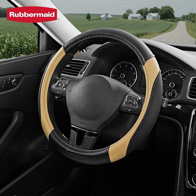 Rubbermaid Steering Wheel Cover – Universal Fit 14.5"–15" Steering Wheel Cover, Anti-Slip Grip, Breathable Leather, All-Seaso