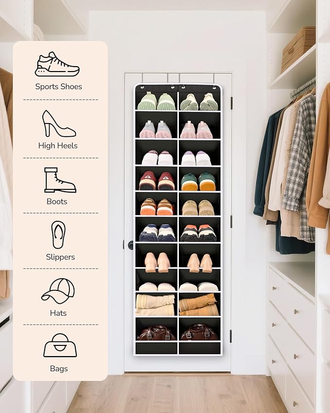 ULG Over The Door Shoe Organizer for Closet Fit 24-32 Pairs with Large Deep Pockets, Narrow Shoe Rack for Door Hanging Boots 