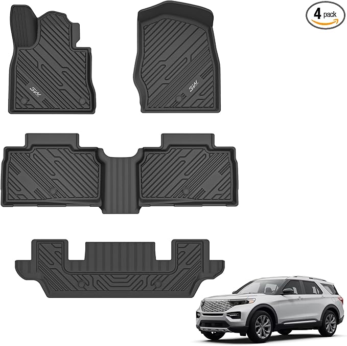 3W Ford Explorer Floor Mats Fit for 2020-2025 2026 Explorer 6 Passenger, TPE All Weather Floor Liner Custom Fit for Explorer Full Set Accessories 3-Rows Car Liners (Includes Explorer Hybrid)