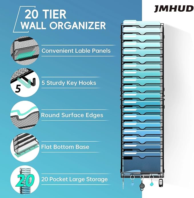 20-Tier Wall File Organizer with 5 Hooks, Hanging Mail Organizer Wall Mounted File Holder, Magazine Rack for Papers, Folders,