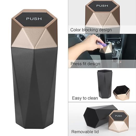 Car Trash Can Bin,Small Garbage Can with Lid,Automotive Cup Holder Mini Cars Trashcan,Portable Cute Cars Door Trash Cans,Women Car Dustbin (2Pcs, Gold)