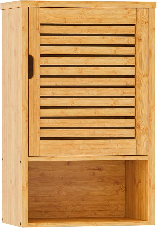 VIAGDO Bathroom Wall Cabinet, Wooden Medicine Cabinet with Single Door and Adjustable Inner Shelf, Bamboo Storage Cabinet Wal
