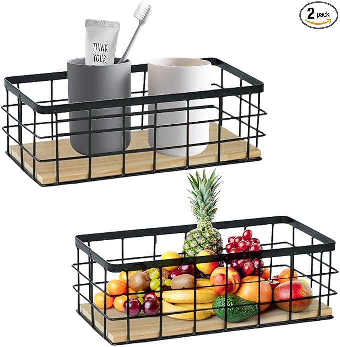2-Pack Small Wire Baskets, Metal Wire Storage Baskets, Rustic Storage Bin Wood Base Containers Farmhouse Rectangle Organizer 
