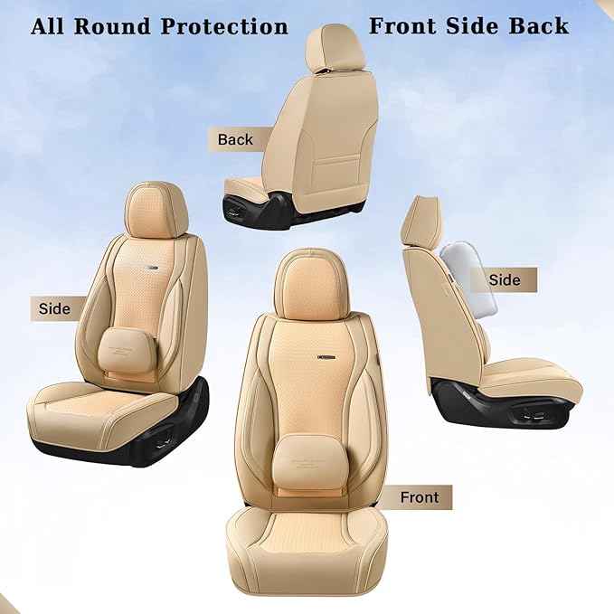 Coverado Car Seat Covers Full Set, Beige Seat Covers for Cars, Waterproof Nappa Leather Automotive Seat Covers with Lumbar He
