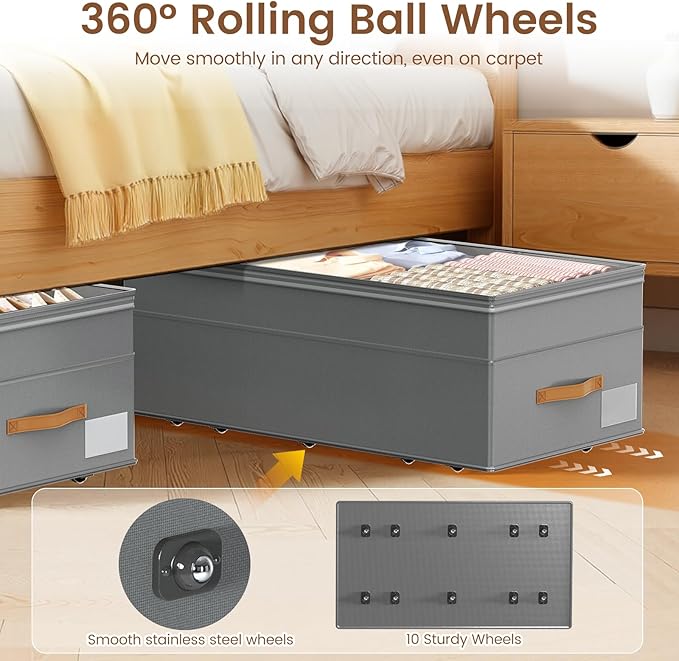 Under Bed Storage with Wheels, 2-Pack Underbed Storage Containers, No Assemble 11 inches 90L XXL Large Adjustable Storage Bin