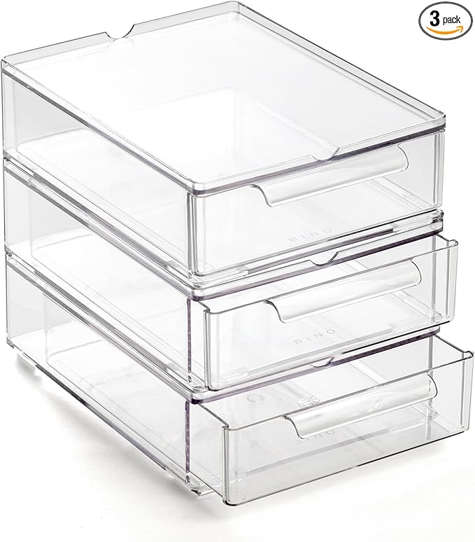 BINO | Clear Stackable Storage Drawers, Small - 3 Pack | Clear Storage Drawers with Built-In Handles | Durable Plastic Organi