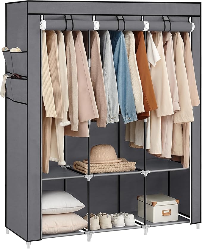 SONGMICS Portable Closet, Wardrobe Closet Organizer with Cover, 3 Hanging Rods and Shelves, 4 Side Pockets, 51.2 x 17.7 x 65.