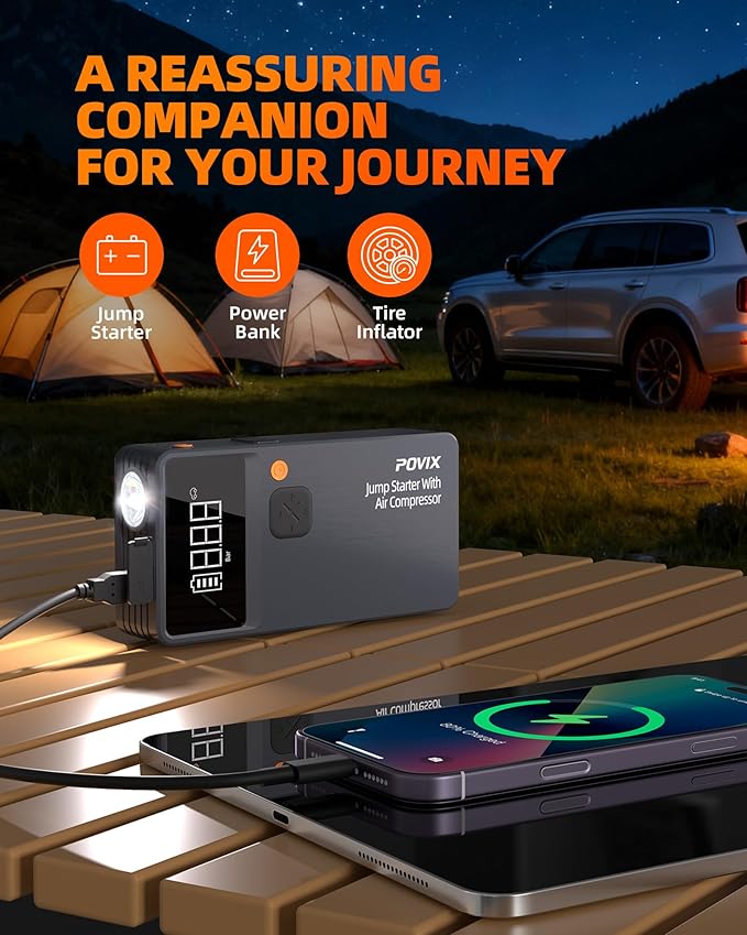 Car Battery Jump Starter with Air Compressor,8000mAh Battery Jump Box with Tire Inflator,Jump Booster with Smart Jumper Cables,LED Light Emergency Kits for Vehicles,Arrancador Ae Batería