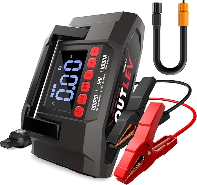 6000A UltraSafe Jump Starter with 160PSI Air Compressor, 12V Car Battery Booster, Portable Jump Box, Power Bank & Jumper Cables, LED Display, LED Light, for 10L Gas & 10L Diesel Engines