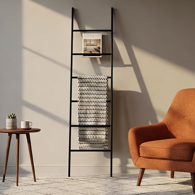 6-Tier Blanket Ladder 68 Inch Wall-Leaning Towel Rack for Living Room and Bedroom, Easy Assembly - Black