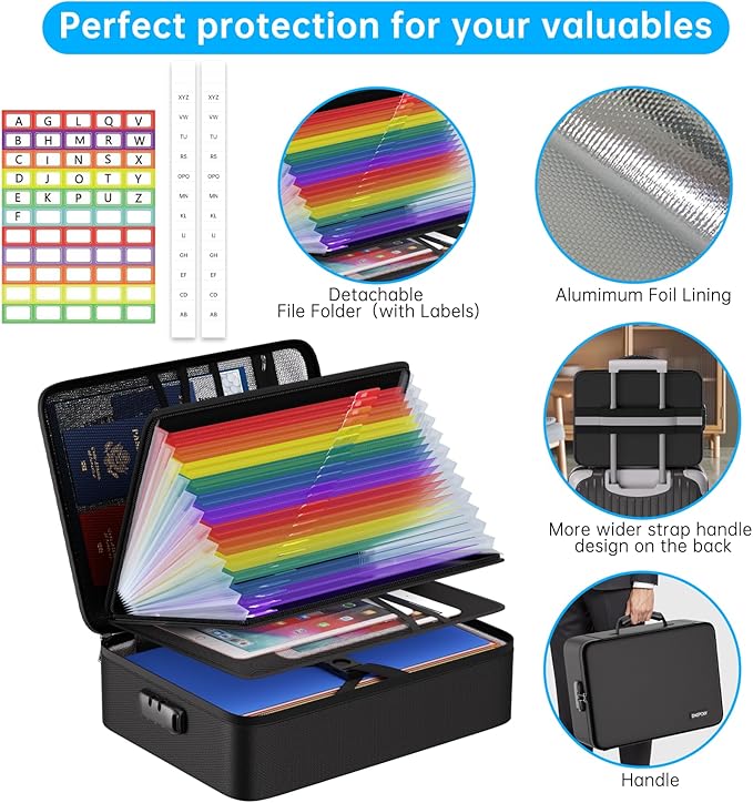 ENGPOW 5200℉ Soft Case Fireproof Document Box with Lock,Fireproof Box with 25 Colorful Pocket Accordion File Folder,Fireproof