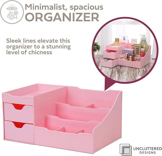 Uncluttered Designs Makeup Organizer With Drawers - Cute Kawaii Countertop Storage for Cosmetics, Pretty Vanity Holder for Pe