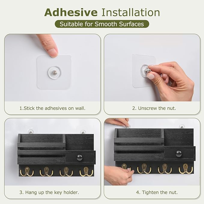 Key Holder Wall Mount, Wooden Adhesive Mail and Key Organizer with Drawer, Small Shelf, 8 Hooks, 2 Installation Methods, Blac