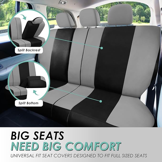 FH Group Universal Fit Gray Black Automotive Seat Covers Combo Set with Steering Wheel Cover and Seat Belt Pad fits Most Cars