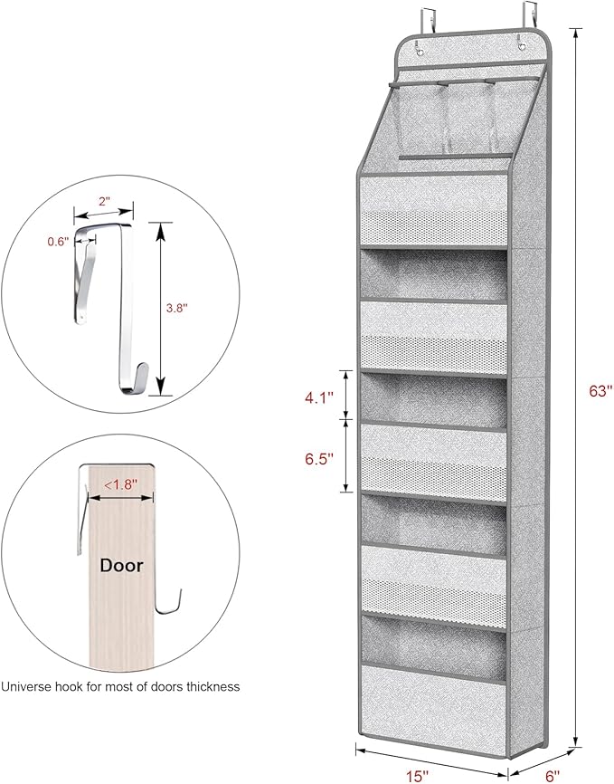 Univivi 6-Shelf Over Door Hanging Organizer Fabric Baby Door Storage with 5 Large Pockets and 3 Small PVC Pockets Wall Mount 
