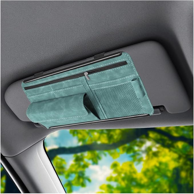 Car Sun Visor Organizer, Leather Multi-Pocket Glasses Card Holder with Zipper, Waterproof Scratch-Resistant Sunshade Storage Bag, Universal Auto Interior Accessory for Car/Truck/SUV (Blue)