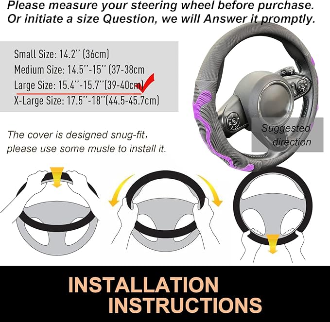PINCTROT Large Size Comfy Grip Steering Wheel Cover, Anti-Slip Design, 15.5-15.75 Inch(Silicone Purple)