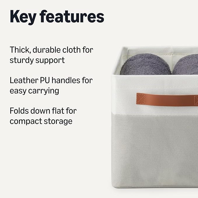 Amazon Basics Collapsible Storage Bins with Faux Leather Handles, Foldable Organizing Containers for Closet, Clothes, Toys, L