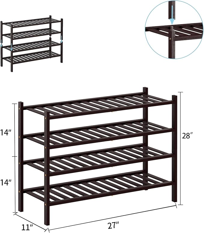RONGJlA 4 Tier Bamboo Shoe Rack for Closet Free Standing Wood Shoe Shelf Storage Organizer for Entryway Small Space Stackable