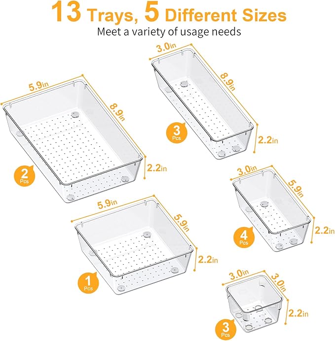 SMARTAKE 13-Piece Drawer Organizers with Non-Slip Silicone Pads, 5-Size Desk Bathroom Drawer Organizer Trays Storage Tray for