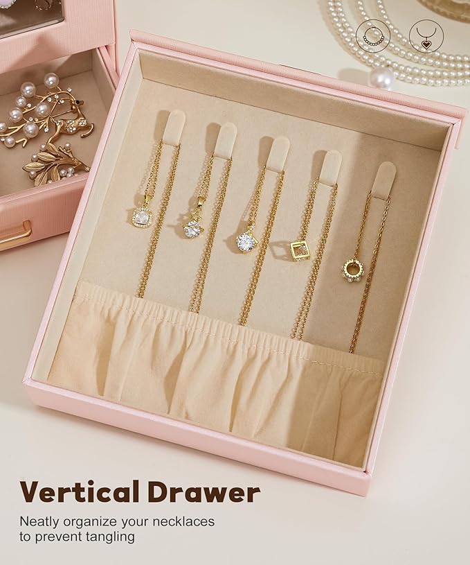 Homde Jewelry Organizer Girls Women Jewelry Box for Necklaces Rings Earrings Gift Bracelets Storage Case (Peach Pink + Gold)