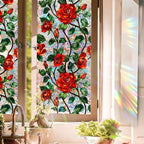 Retro Flower Window Privacy Film,Stained Glass Decals Chinese Red Rose Privacy Rainbow Decals Living Room Sun Blocking Decor Removable Static Cling Stickers,16.93x39.37inch