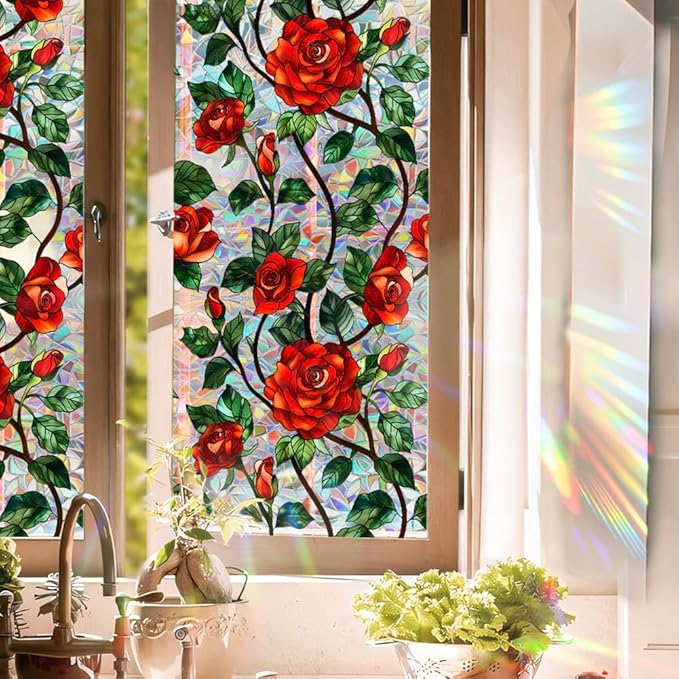 Retro Flower Window Privacy Film,Stained Glass Decals Chinese Red Rose Privacy Rainbow Decals Living Room Sun Blocking Decor Removable Static Cling Stickers,16.93x39.37inch
