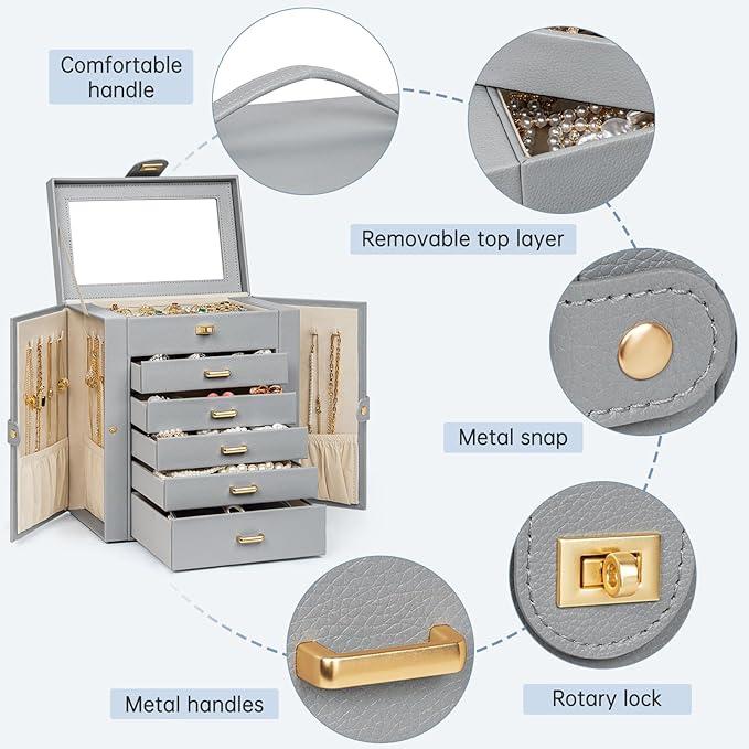 AKOZLIN 6-Tier Jewelry Box Organizer Functional 5 Drawers Leather Jewelry Storage Case for Women Girls Ring Necklace Earring 
