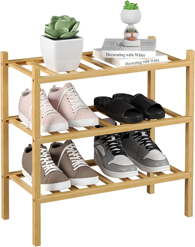 ROMGUAR CRAFT 3-Tier Bamboo Small Shoe Rack, Free Standing Wood Shoe Shelf Storage Organizer for Closet Entryway Stackable (N