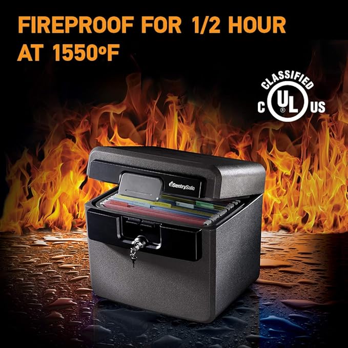 SentrySafe Black Fireproof and Waterproof Safe, File Folder and Document Box with Key Lock, Ex. 14.3 x 15.5 x 13.5 inches, HD