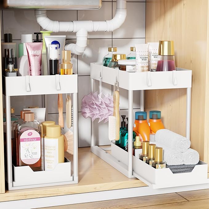 Simple Trending Under Sink Organizer 2 Pack, Sink Pull-Out Sliding Storage Cabinet, 2-Tier Under Shelf Organizer for Kitchen 