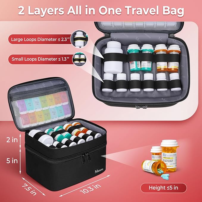 Mancro Dual Layers Medicine Organizer Bag, Pill Bottle Organizer Storage with Lockable Zipper, Medication Travel Bag for Pill