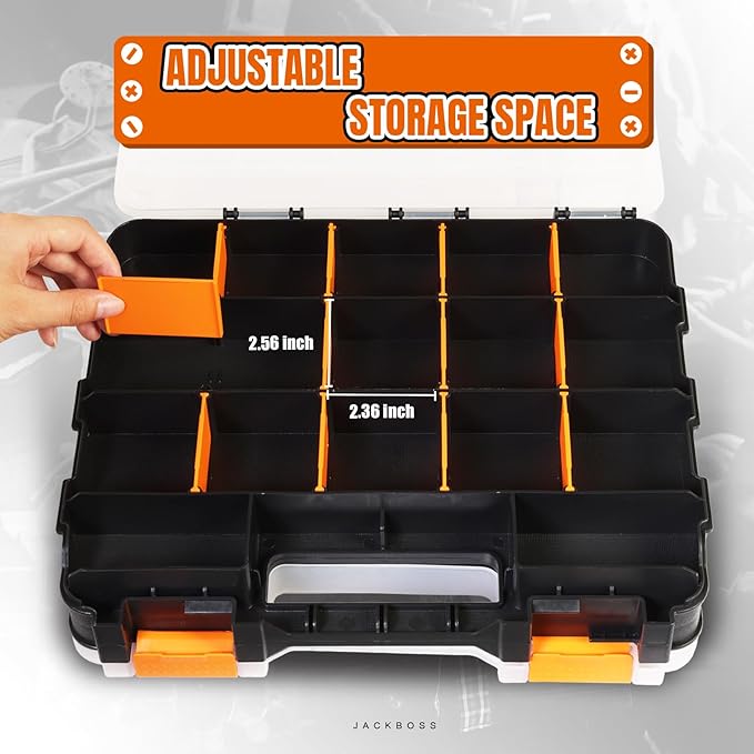 Jack Boss Tool Box with Transparent Lid, Double Side 34-Compartments Organizer Box with Removable Dividers for Hardware, Scre